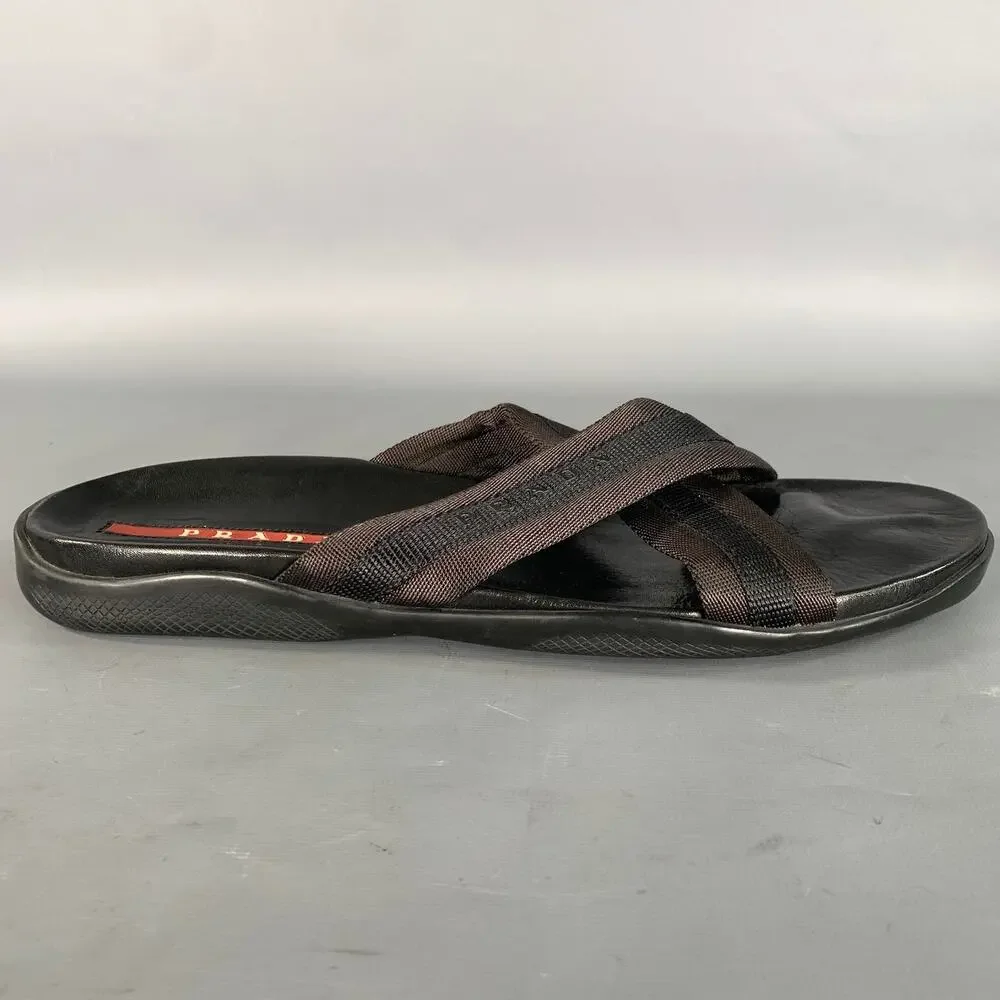 PRADA Size 10 Black Mixed Fabrics Leather Canvas Flip flops Sandals